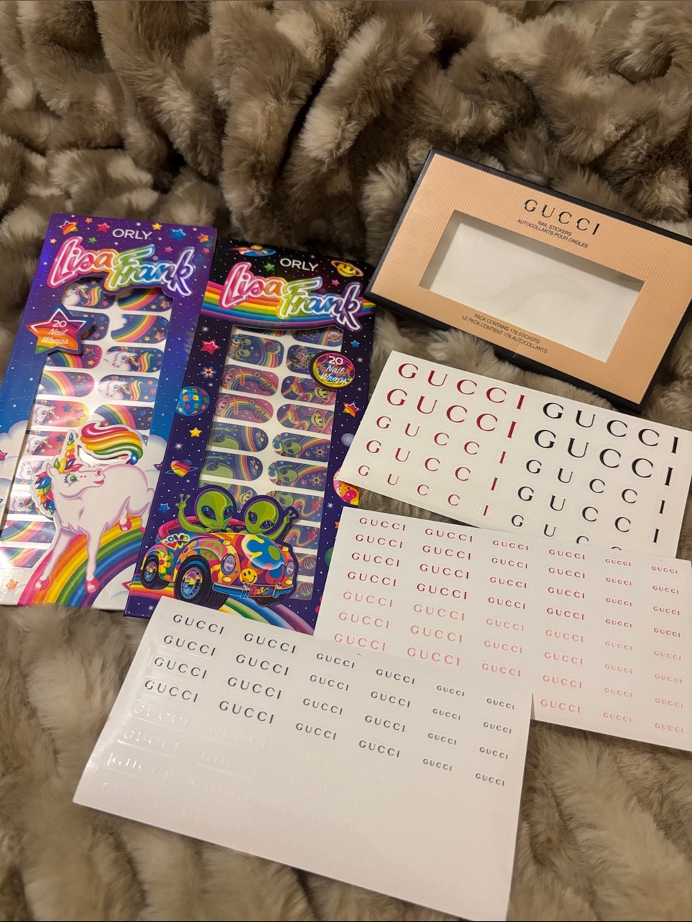 Gucci Logo Sticker Sheets in Black, Pink, Beige & Lisa Frank nail decals